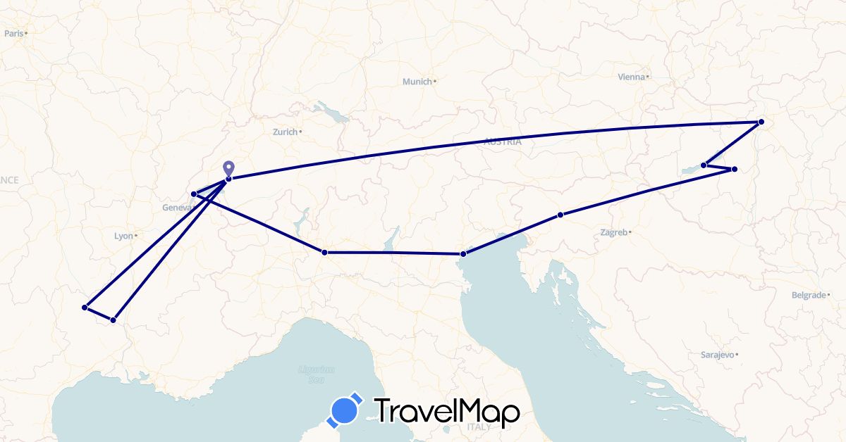 TravelMap itinerary: driving in Switzerland, France, Hungary, Italy, Slovenia (Europe)